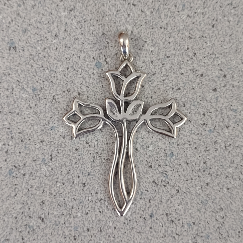 James Avery 2” Silver Tulip Cross Pendant